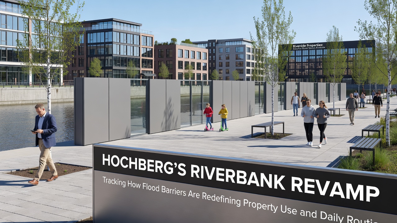 Residents navigating new pathways created around flood barriers in Hochberg neighborhoods during daily routines