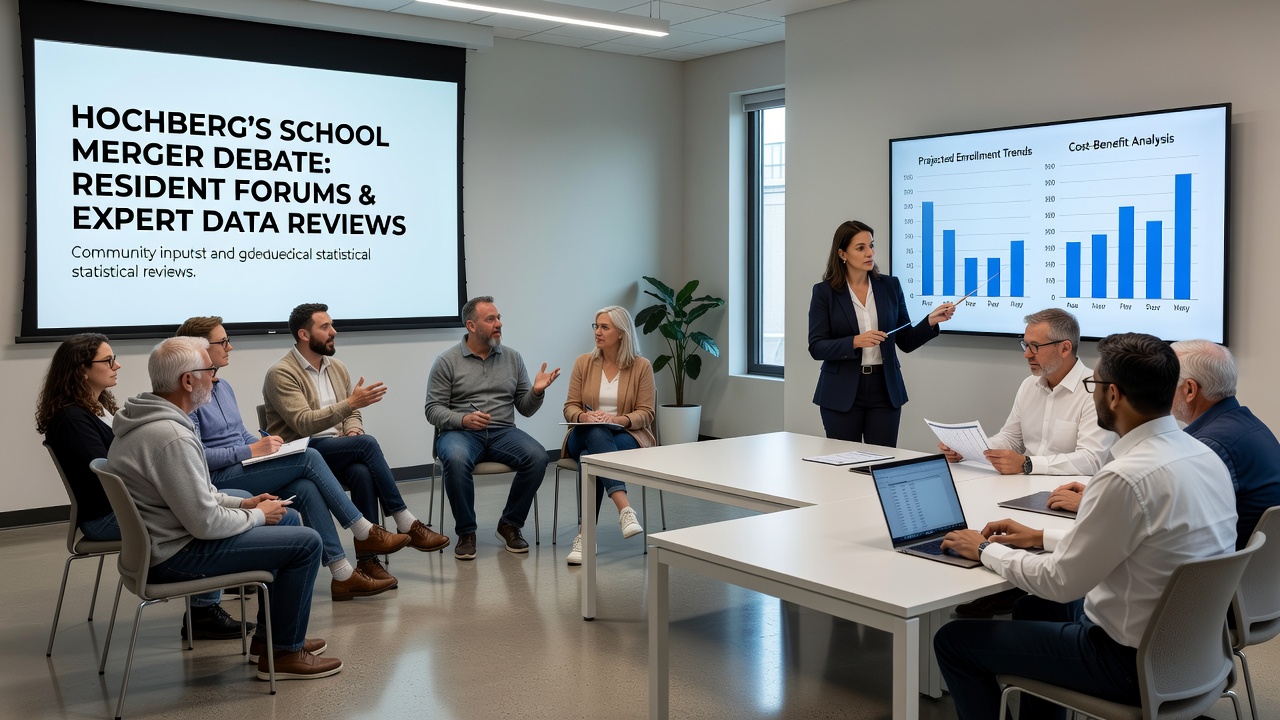 Expert panel reviewing school facility data and enrollment charts during a Hochberg merger discussion meeting