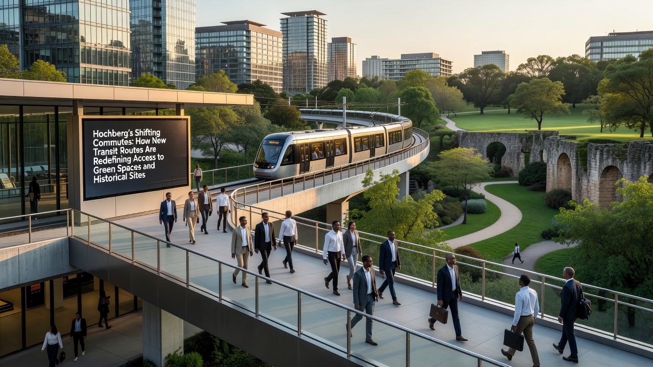 Commuters boarding a new transit line near a historic district entrance in Hochberg
